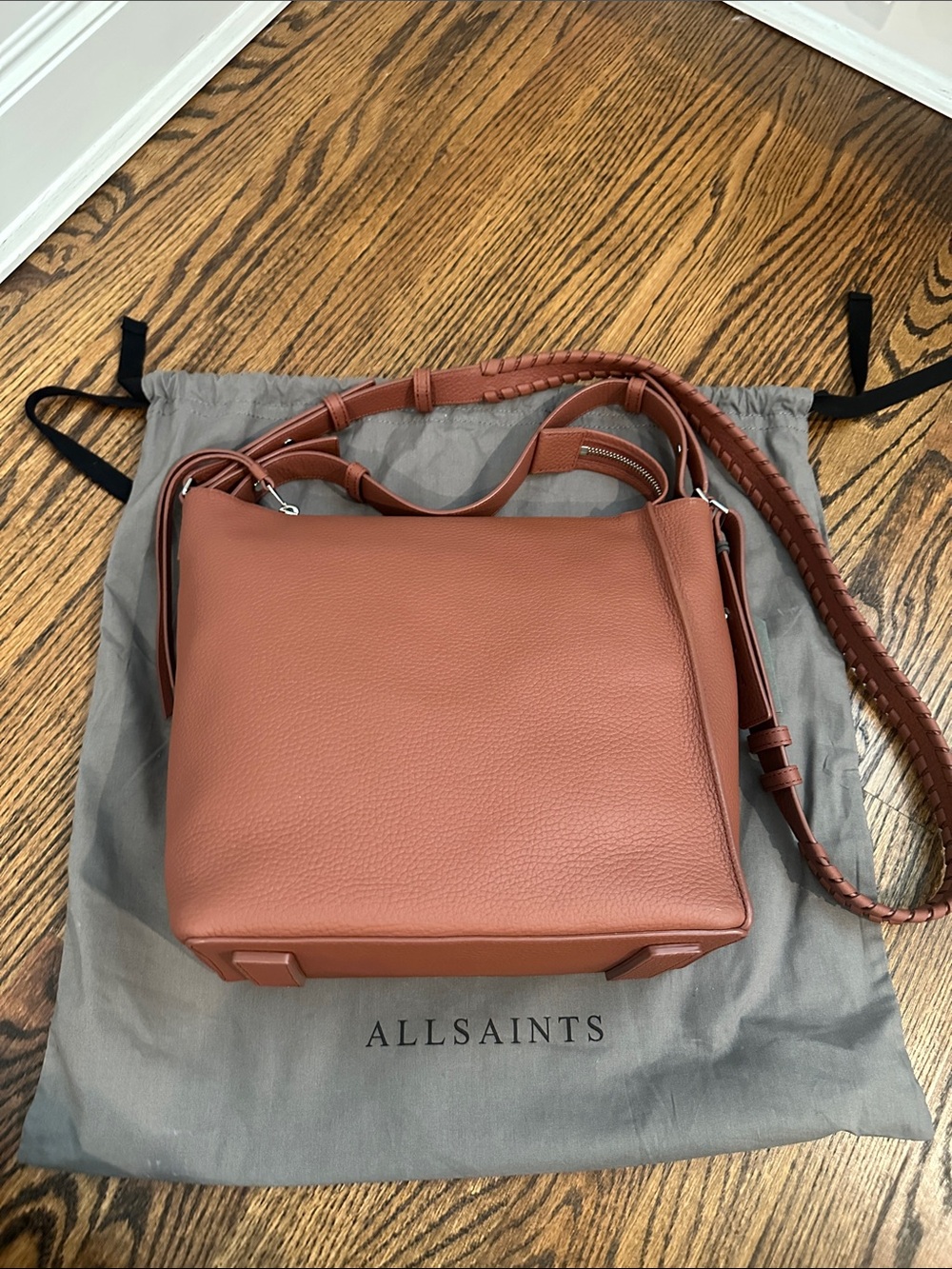 NWT All Saints Cherry Oak Leather Shoulder Bag with Braided Strap